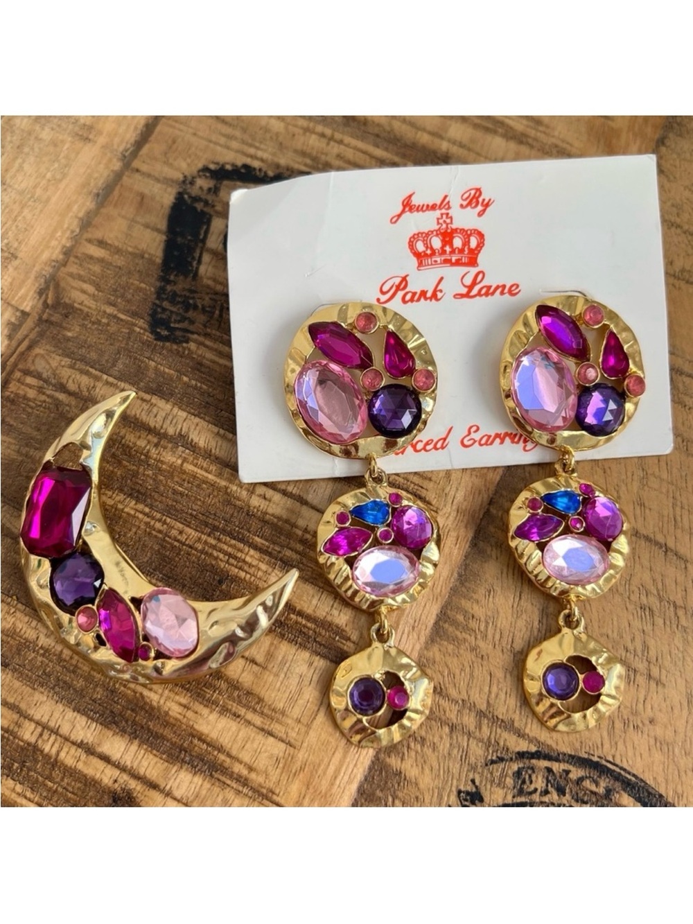 Park Lane Vintage 80s 90s Earrings Brooch Set Gold Multicolor Rhinestones Signed